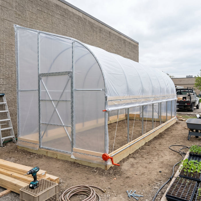 TMG-GHL1030-V2 10' x 30' lean-to greenhouse grow tent with 6 mil clear EVA film cover and hand crank roll-up side, view 4.