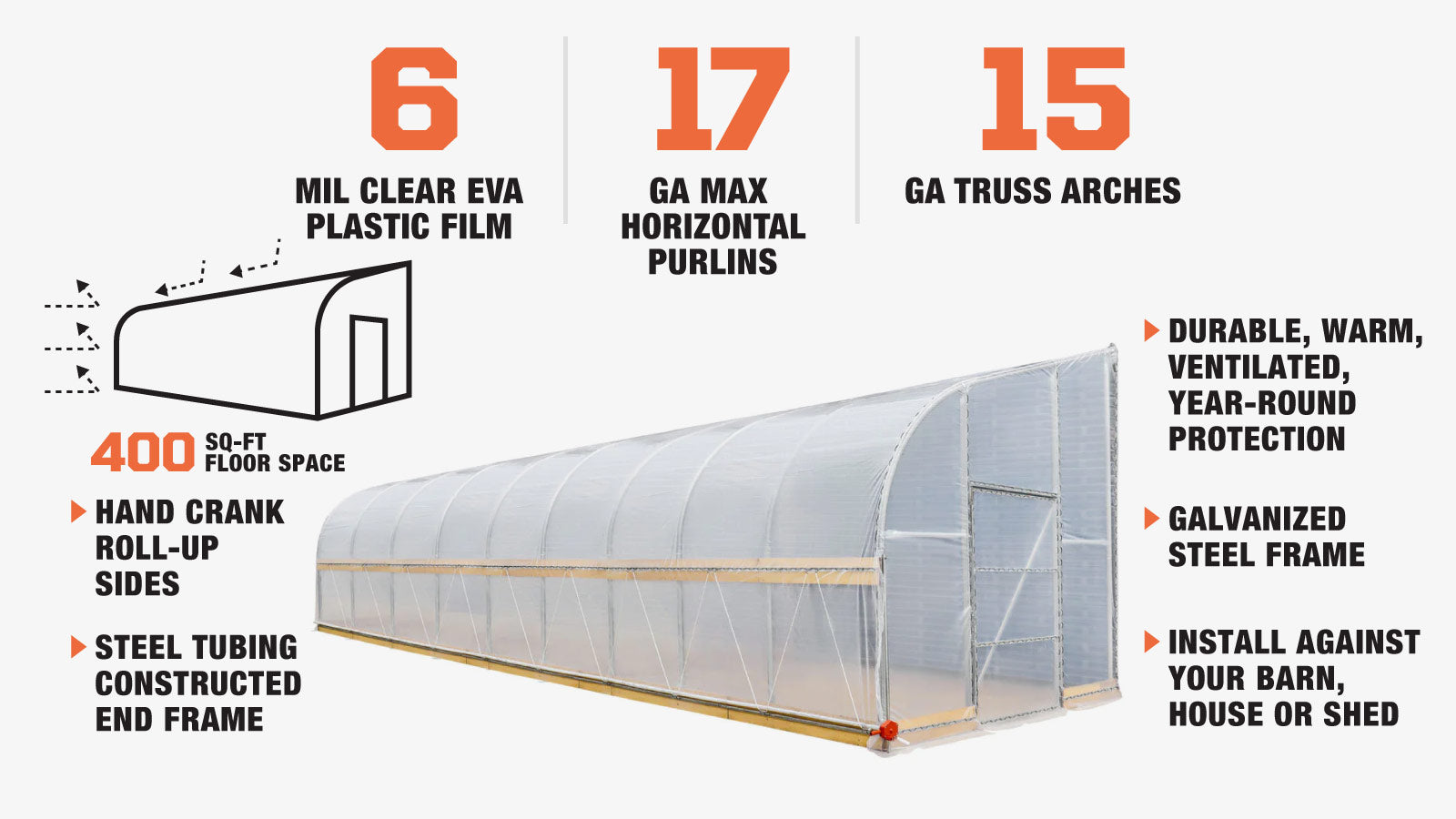 TMG Industrial 10’ x 40’ Lean-To Greenhouse Grow Tent w/6 Mil Clear EVA Plastic Film, Cold Frame, Hand Crank Roll-Up Side, 6-½’ Sidewall, TMG-GHL1040-description-image