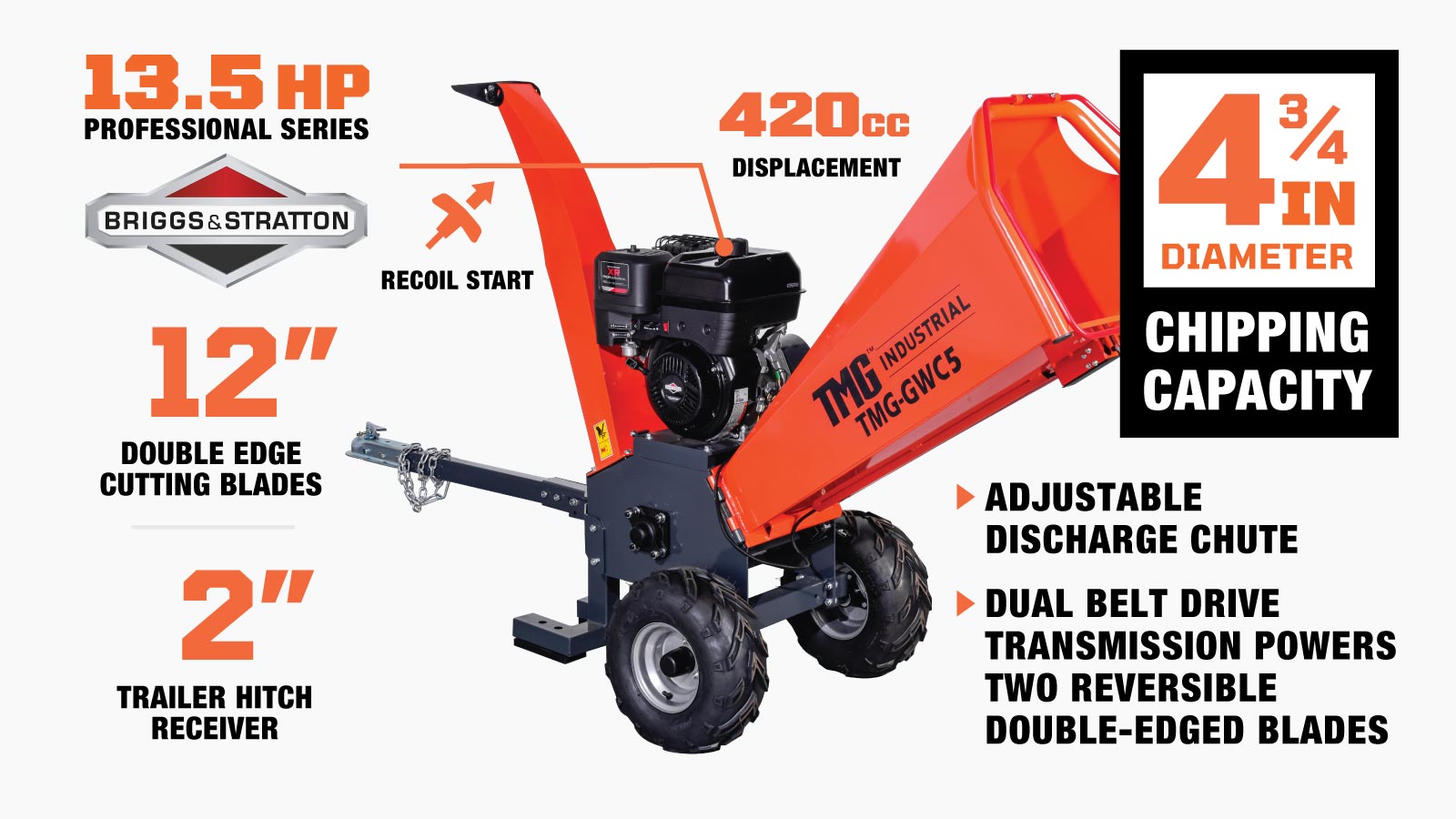 TMG Industrial 4-3/4” Wood Chipper Powered by 13.5 HP Briggs & Stratton Engine, ATV Tow-Behind, 12'' Reversible Blade, Dual Belt Drive, TMG-GWC5-description-image