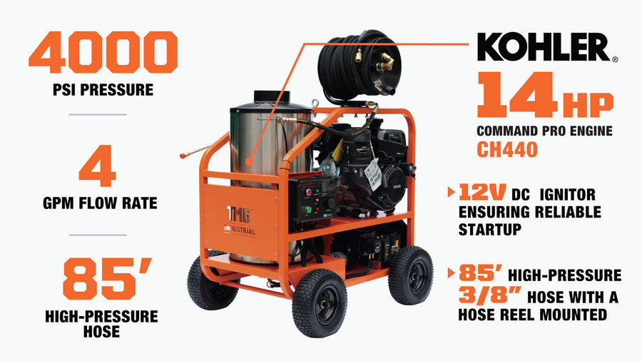 4000 PSI Hot Water Pressure Washer with 85' Hose Reel, 14 HP Kohler Engine, Electric Start, Gas Fired, Triplex Plunger Pump, TMG-HW41R-description-image