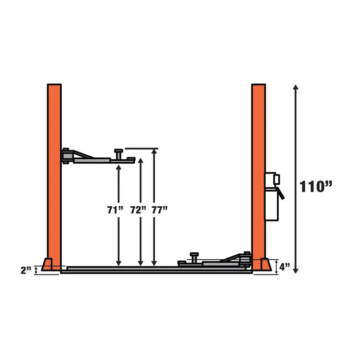 TMG Industrial 10,000-lb Two Post Floor Plate Auto Lift, Symmetric Arms, 77” Lift Height, Dual-Point Lock Release, TMG-TPL45