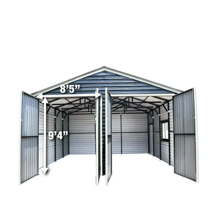 Interior front view with clearance dimension overlays, metal garage shed