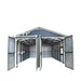 Interior front view of metal garage shed showing door openings and height labels