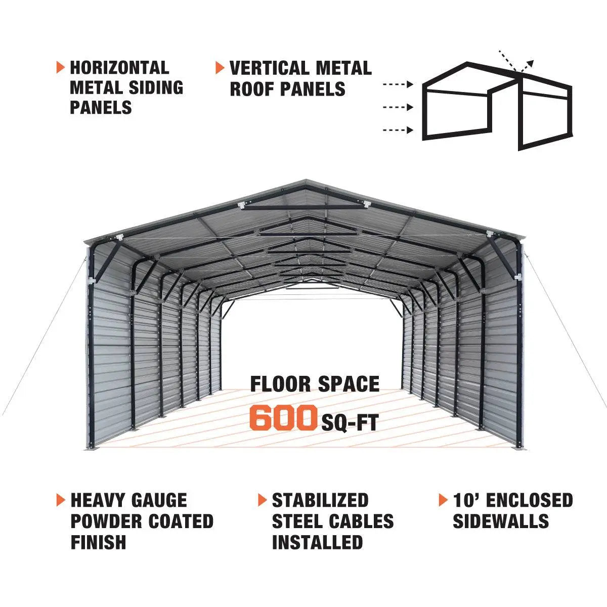 TMG Industrial 20’ x 30’ Metal Shed Carport, 10’ Enclosed Sidewalls, 600 Sq-Ft, 27 GA Corrugated Panels, TMG-MSC2030F
