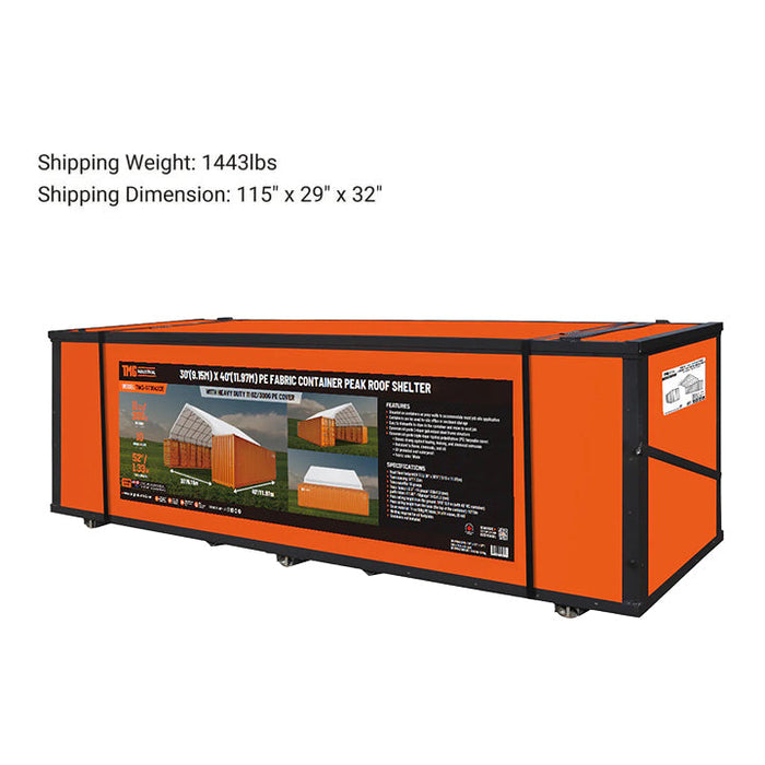 TMG Heavy Series™ 30' x 40' PE Fabric Container Peak Roof Shelter, Fire Retardant, 10' Ceiling Height, UV Protected, TMG-ST3041CE(Previously TMG-ST3040CE) (Discontinued – No Longer Available)
