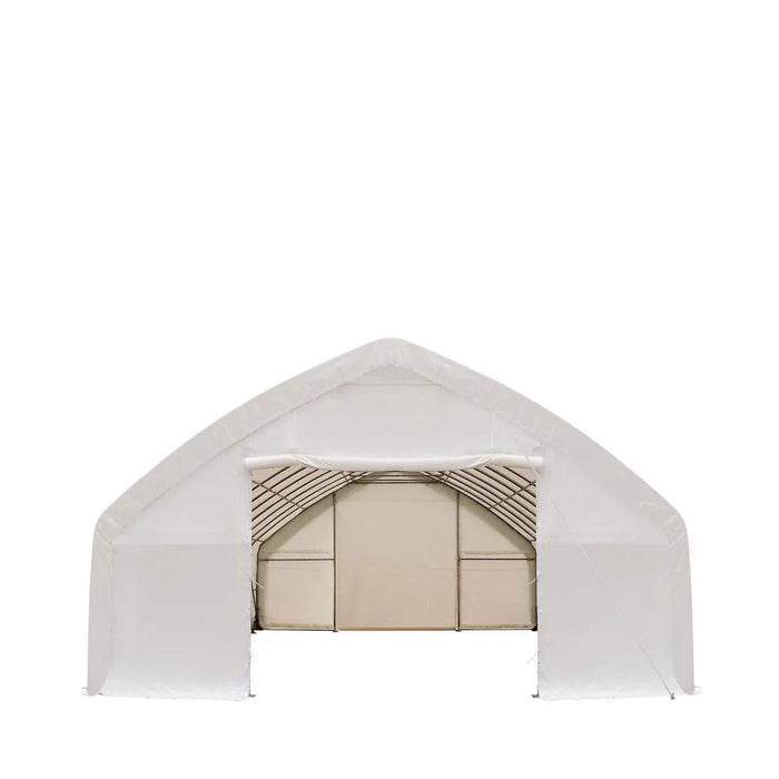 TMG Industrial 30' x 50' Straight Wall Peak Ceiling Storage Shelter with Heavy Duty 17 oz PVC Cover & Drive Through Doors, TMG-ST3050V