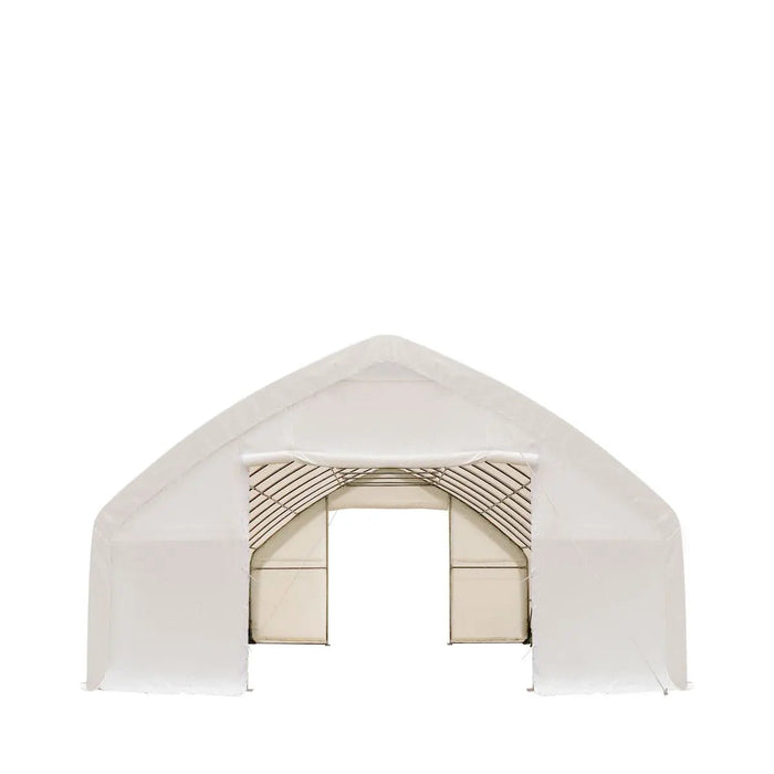 TMG Industrial 30' x 50' Straight Wall Peak Ceiling Storage Shelter with Heavy Duty 17 oz PVC Cover & Drive Through Doors, TMG-ST3050V