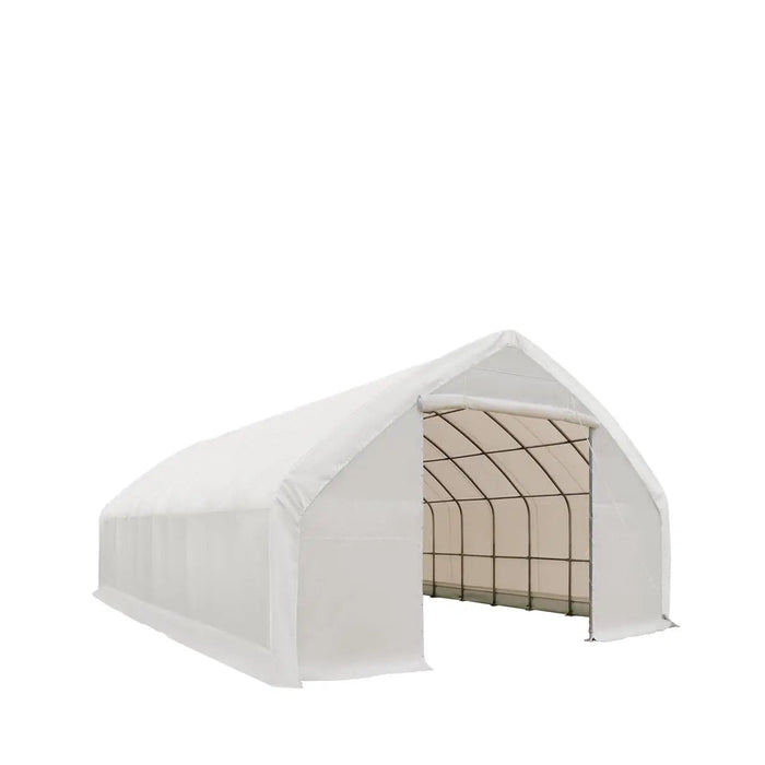 TMG Industrial 30' x 50' Straight Wall Peak Ceiling Storage Shelter with Heavy Duty 17 oz PVC Cover & Drive Through Doors, TMG-ST3050V