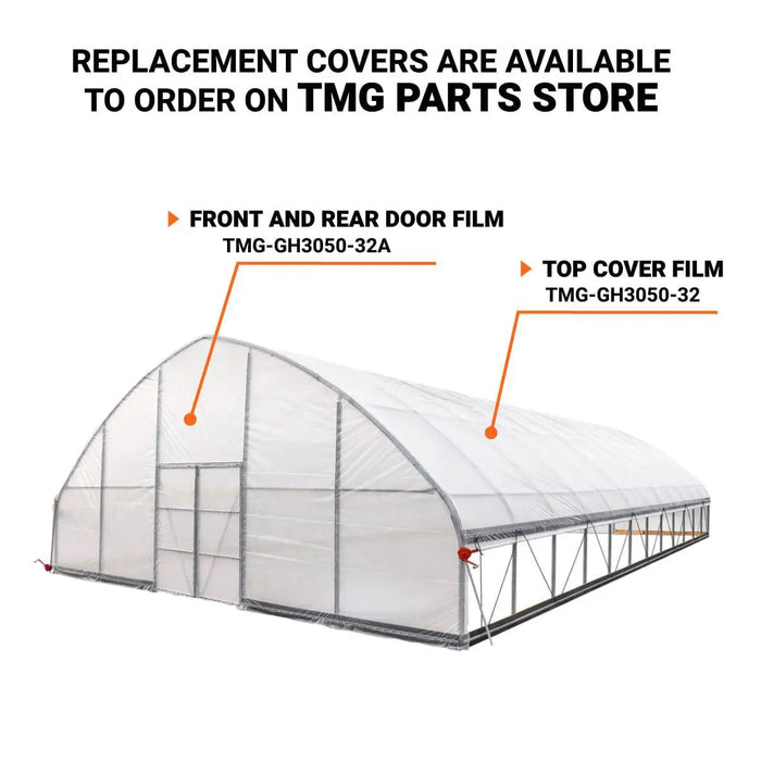 Annotated diagram showing replacement cover locations for Commercial Tunnel Greenhouse.
