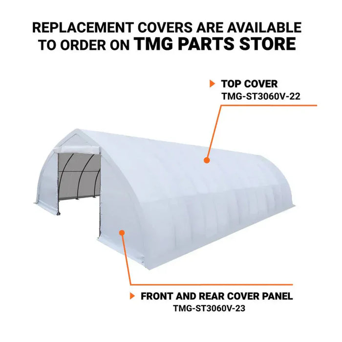 TMG-ST3062V 30x60 peak ceiling storage shelter with heavy duty 17 oz PVC cover, galvanized steel frame, and drive-through roll-up doors for equipment storage