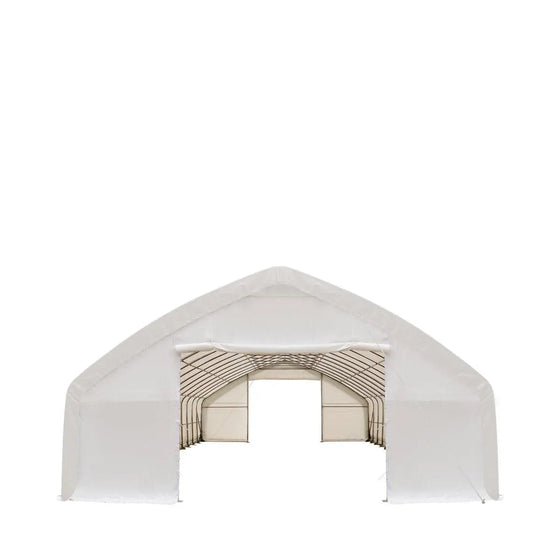 TMG Industrial 30' x 70' Straight Wall Peak Ceiling Storage Shelter with Heavy Duty 17 oz PVC Cover & Drive Through Doors, TMG-ST3070V