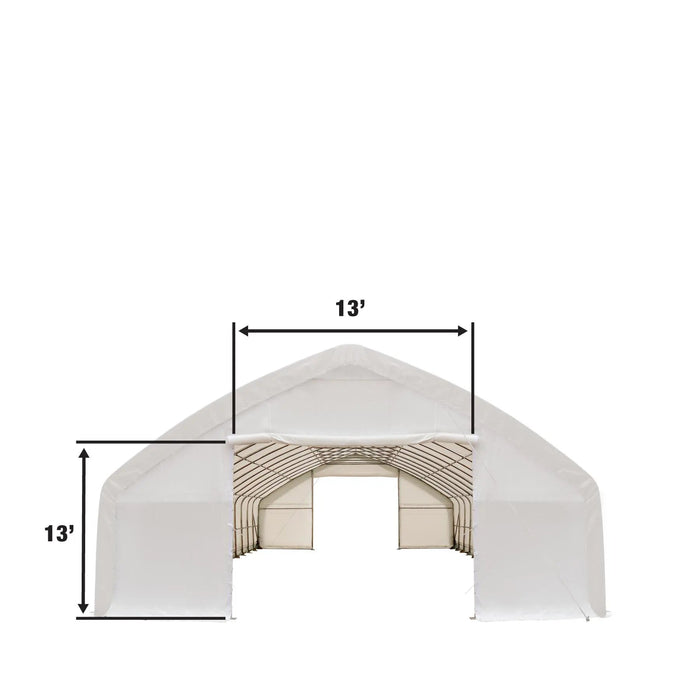 TMG Industrial 30' x 70' Straight Wall Peak Ceiling Storage Shelter with Heavy Duty 17 oz PVC Cover & Drive Through Doors, TMG-ST3070V