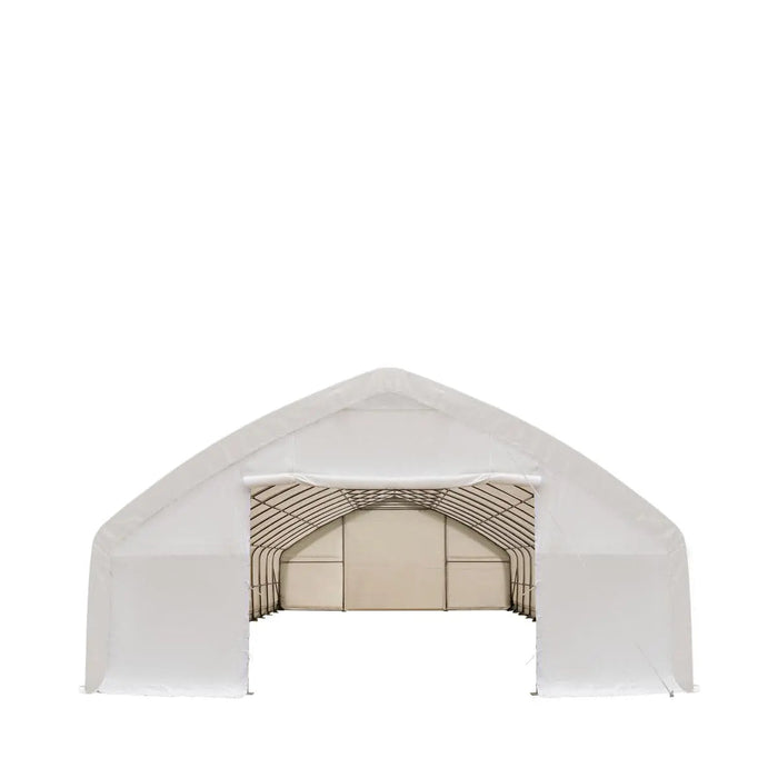 TMG Industrial 30' x 70' Straight Wall Peak Ceiling Storage Shelter with Heavy Duty 17 oz PVC Cover & Drive Through Doors, TMG-ST3070V