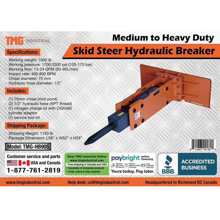 TMG Industrial 45-100 HP Skid Steer Hydraulic Breaker, 3” Moil Point Chisel, 785 J Impact Energy, Universal Mount, TMG-HB90S