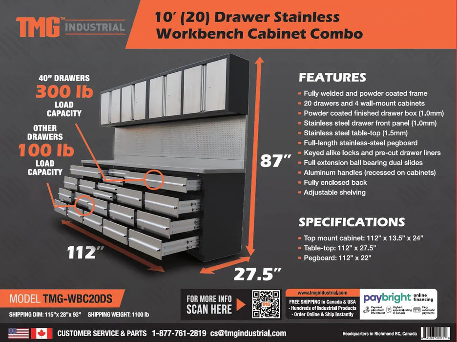 TMG Heavy Series™ 10-FT Stainless Steel Workbench with 20 Lockable Drawers & Cabinets – TMG-WBC20DS