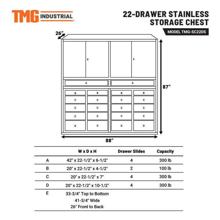 TMG Heavy Series™ 7-Ft 22 Drawer Stainless Steel Storage Chest, Top Cabinets, All-in-One Welded Frame, Keyed Alike Locks, TMG-SC22DS