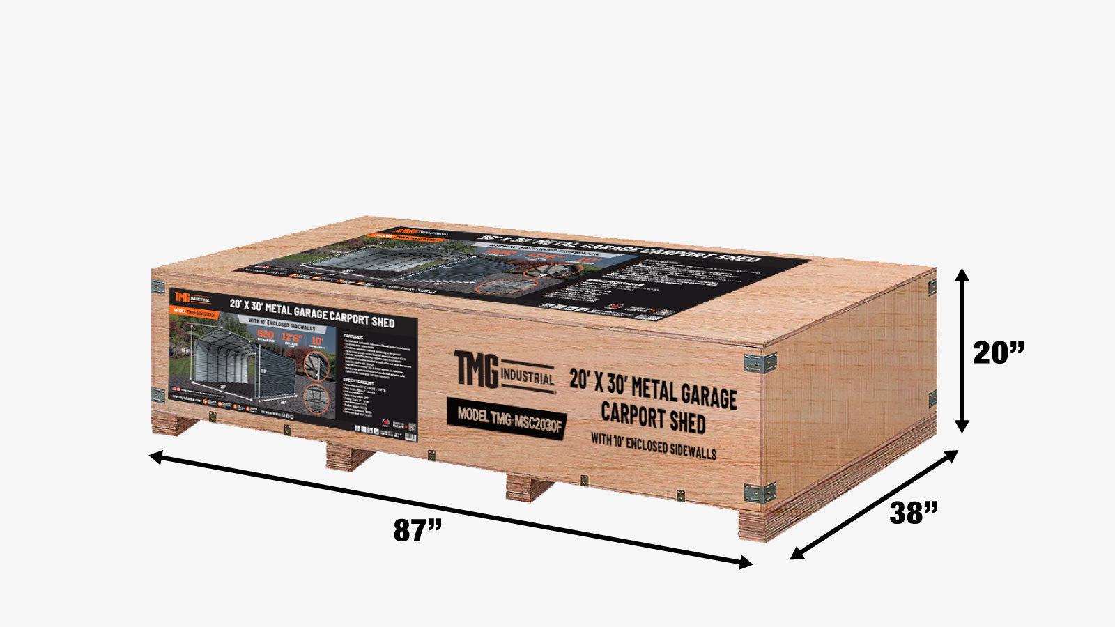 TMG Industrial 20’ x 30’ Metal Shed Carport, 10’ Enclosed Sidewalls, 600 Sq-Ft, 27 GA Corrugated Panels, TMG-MSC2030F-shipping-info-image