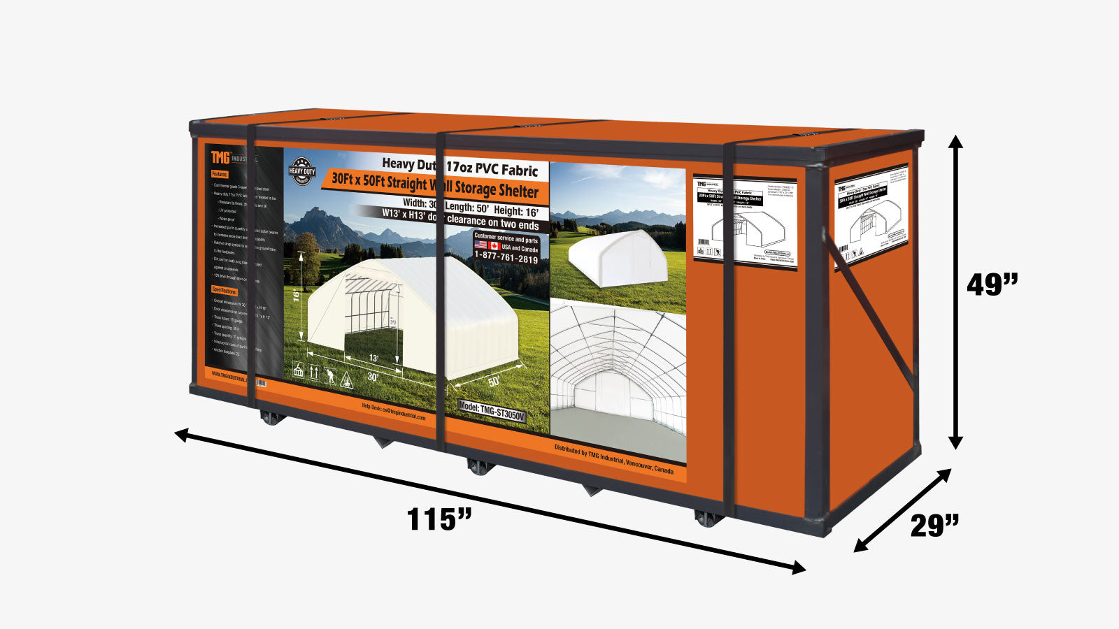 TMG Industrial 30' x 50' Straight Wall Peak Ceiling Storage Shelter with Heavy Duty 17 oz PVC Cover & Drive Through Doors, TMG-ST3050V-shipping-info-image