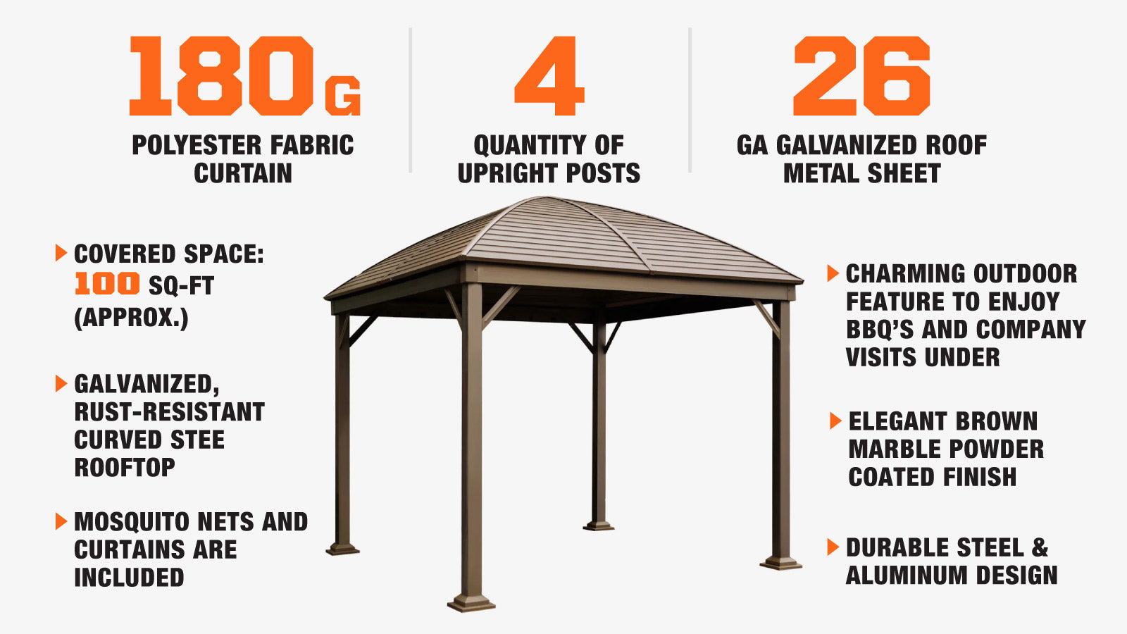 TMG Industrial 10’ x 10’ Hardtop Curved Steel Roof Patio Gazebo, Mosquito Nets & Curtains Included, TMG-LGZ10-description-image