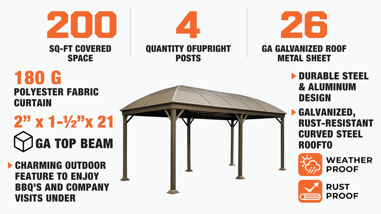 TMG Industrial 10’ x 20’ Hardtop Curved Steel Roof Patio Gazebo, Mosquito Nets & Curtains Included, TMG-LGZ20-description-image