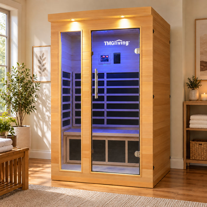 TMG LIVING 2 Person Indoor FAR Infrared Sauna Room, Natural Canadian Hemlock, Bluetooth Speakers, Tempered Glass Door, TMG-LSN20