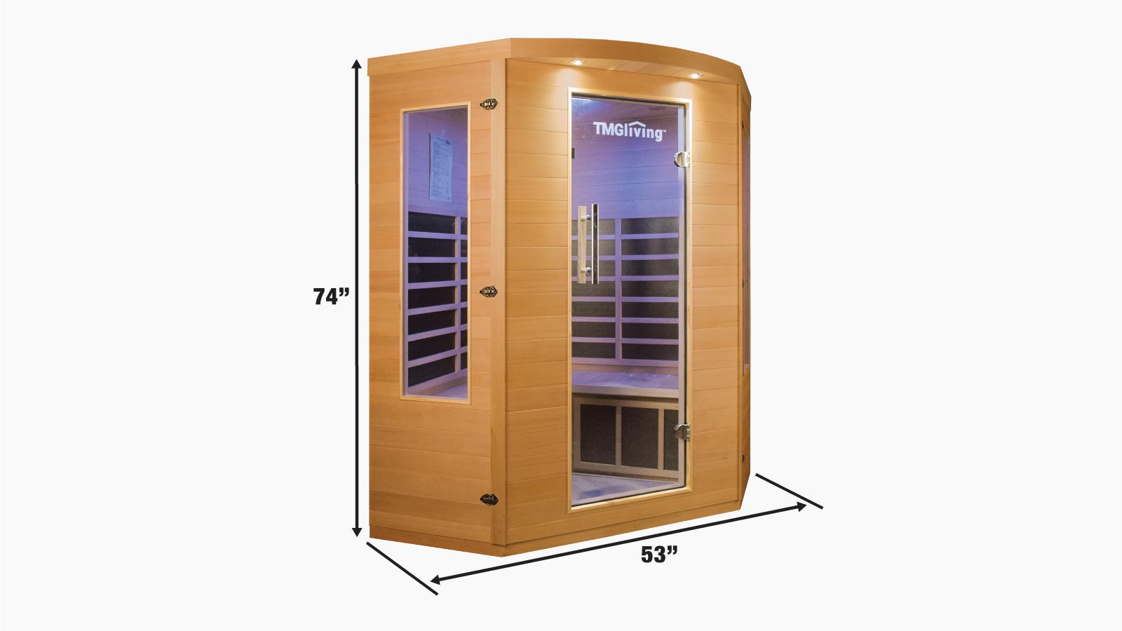 TMG LIVING Three Person Corner Indoor Infrared Sauna Room, Natural Canadian Hemlock, Bluetooth Speakers, Tempered Glass Door, TMG-LSN40-specifications-image