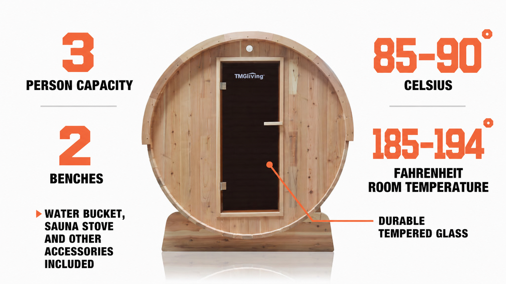 TMG LIVING Outdoor Rustic Cedar Barrel Sauna, Three Person, Tempered Glass Door, TMG-LSN42-description-image