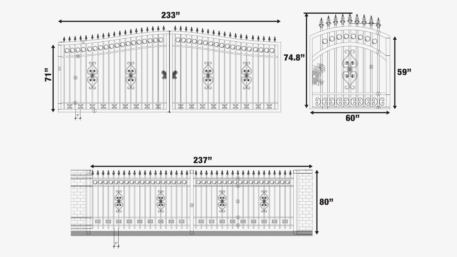 TMG Industrial 110-ft Bi-Parting Ornamental Wrought Iron Gate & Fence Panels Combo Pack, All Steel, Powder Coated, TMG-MG110P-specifications-image