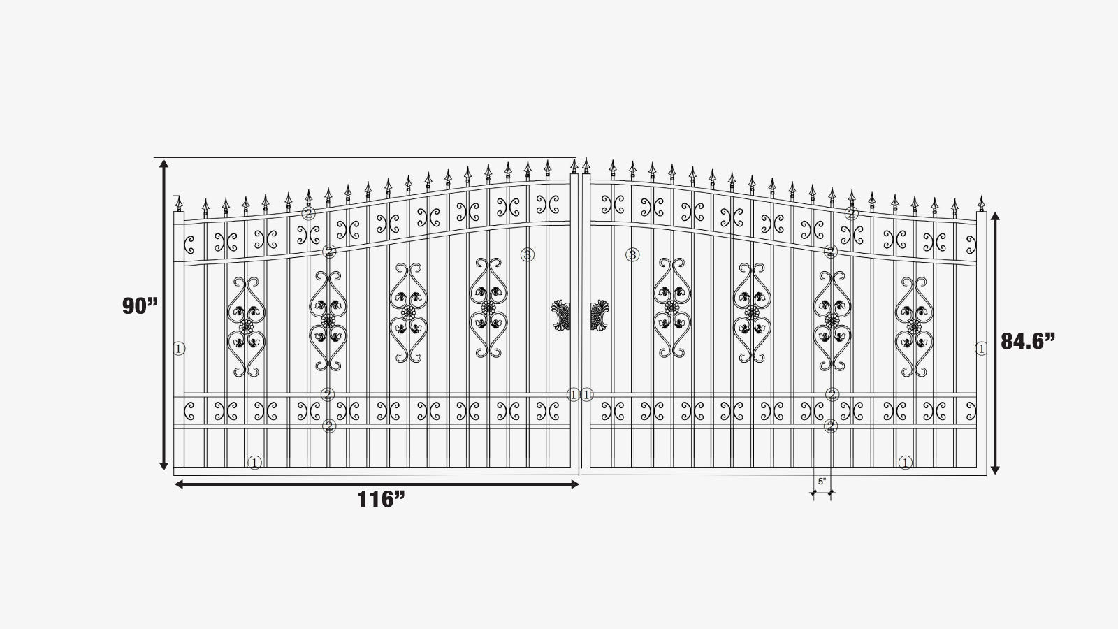 TMG Industrial 20-ft Bi-Parting Deluxe Wrought Iron Ornamental Gate, 100% Solid Forged Steel, Powder Coated, TMG-MG20-specifications-image