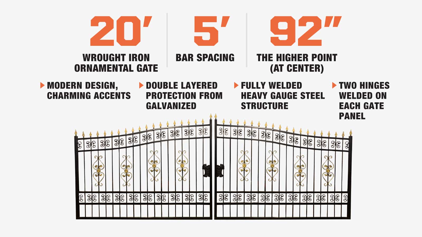 TMG Industrial 20-ft Bi-Parting Deluxe Wrought Iron Ornamental Gate, 100% Solid Forged Steel, Powder Coated, TMG-MG20-description-image