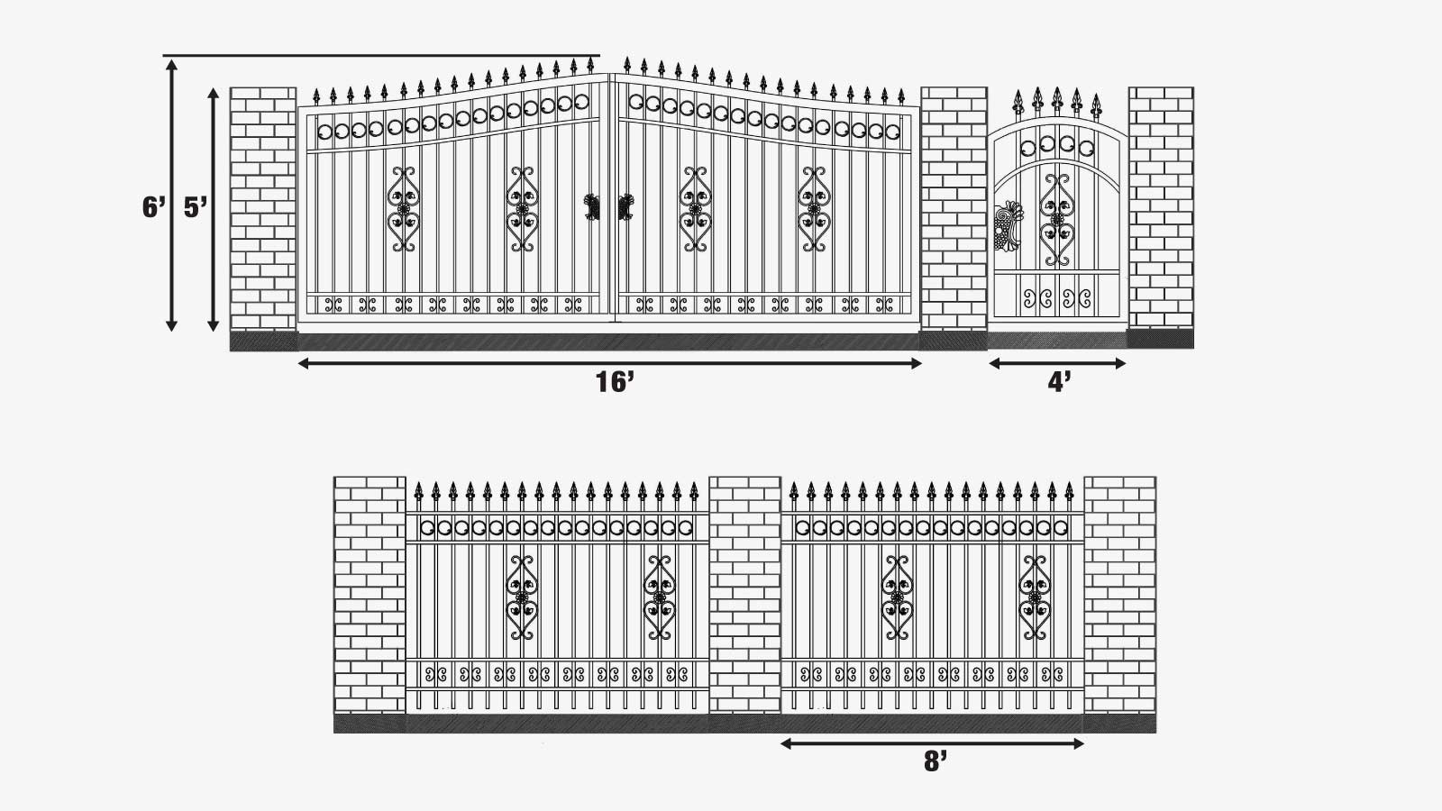 TMG Industrial 212-ft Bi-Parting Ornamental Wrought Iron Gate & Fence Panels Combo Pack, All Steel, Powder Coated, TMG-MG212P-specifications-image