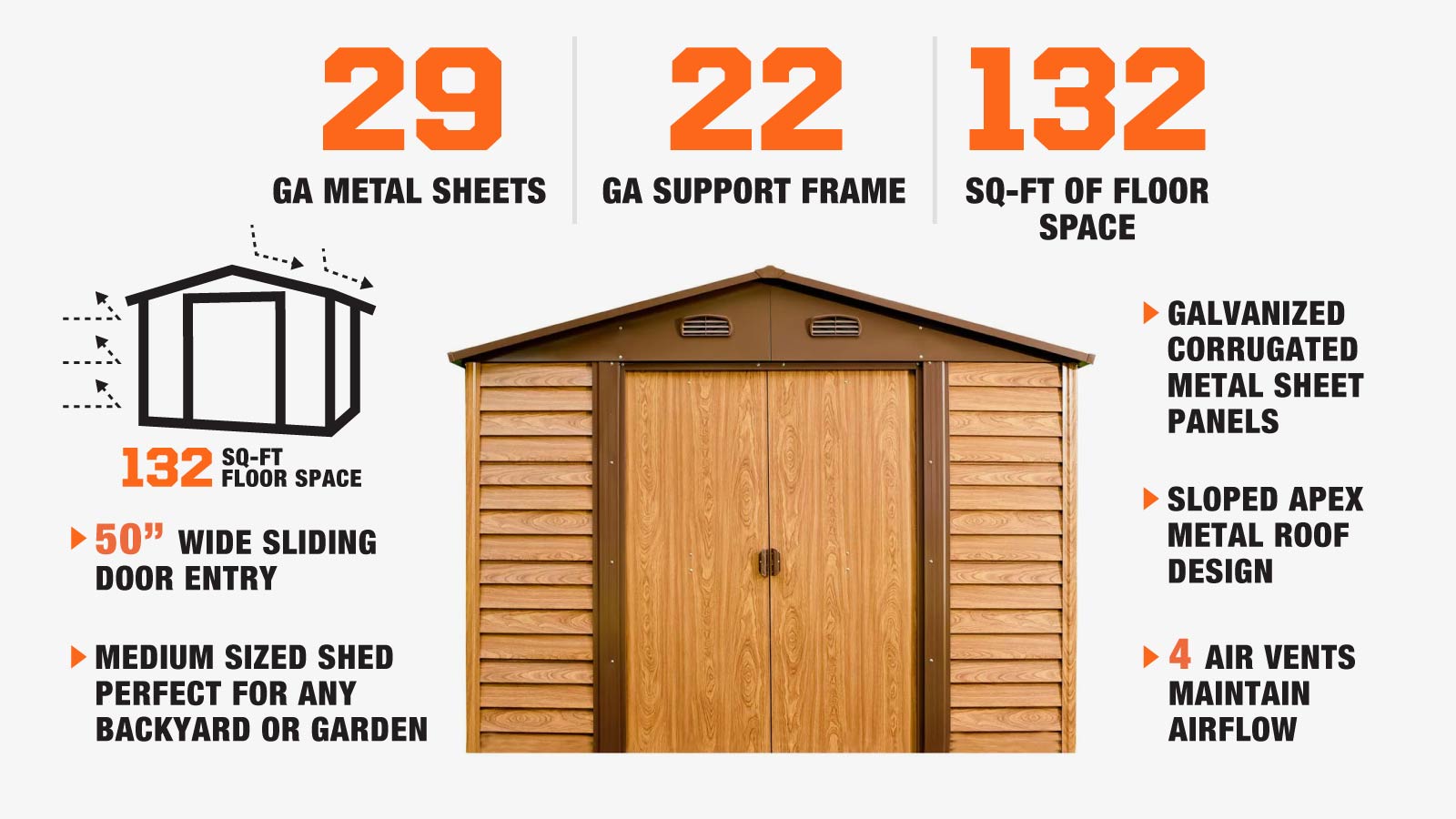 TMG Industrial 11’ x 12’ Wood-Grain Galvanized Apex Roof Metal Shed, 50” Sliding Door, 29 GA Corrugated Metal, 67” Edge Height, TMG-MS1112-description-image