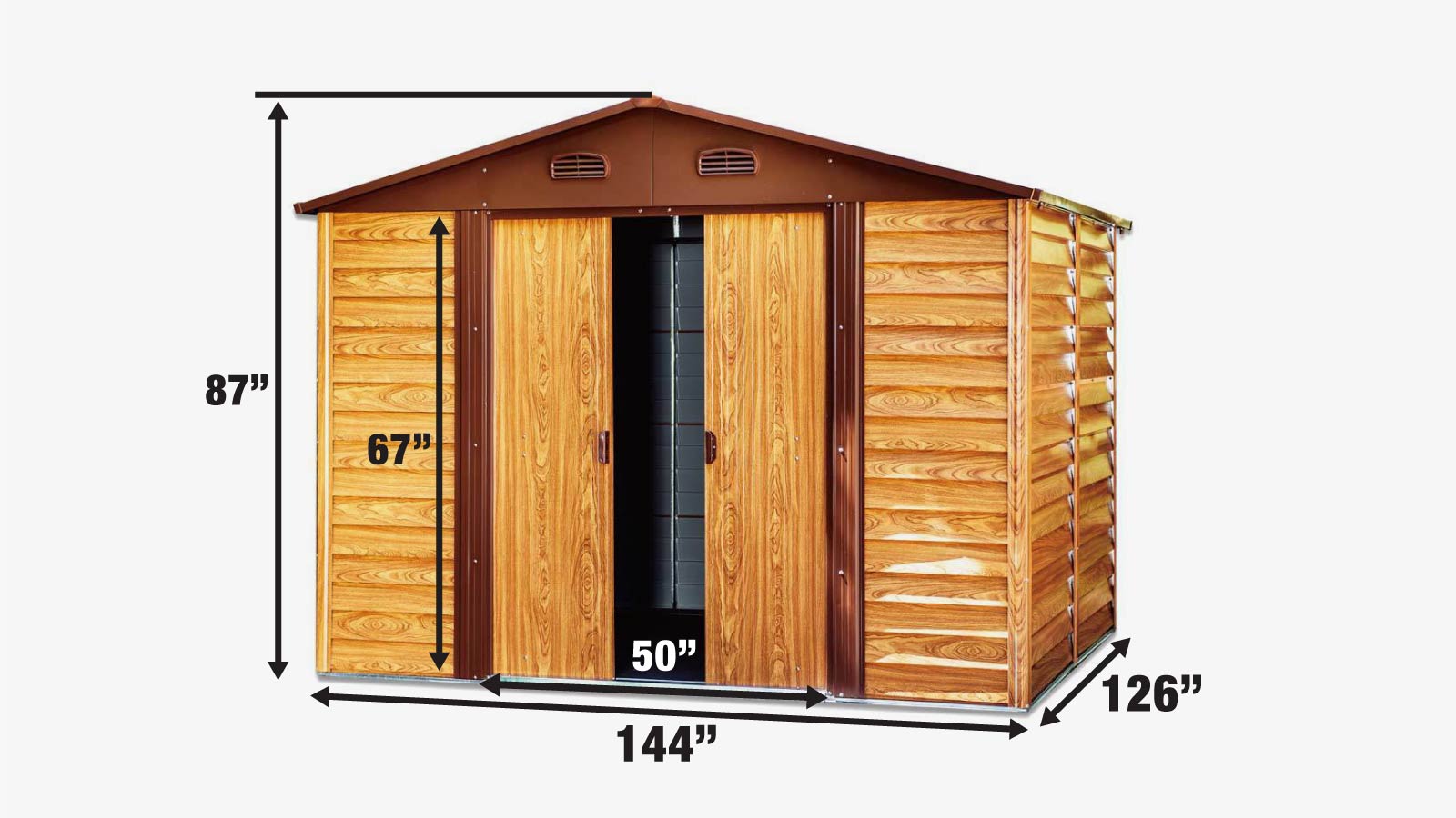 TMG Industrial 11’ x 12’ Wood-Grain Galvanized Apex Roof Metal Shed, 50” Sliding Door, 29 GA Corrugated Metal, 67” Edge Height, TMG-MS1112-specifications-image