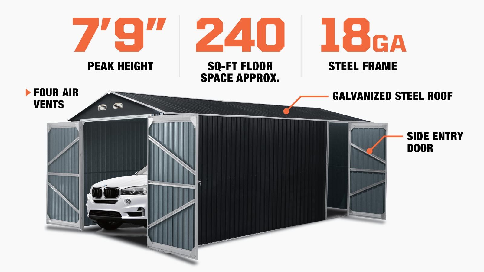 TMG Industrial 13’ x 20’ Metal Garage Shed with Double Front Doors, 7’9” Peak Height, Side Entry Door, 240 Sq-Ft Floor Space, TMG-MS1320A-description-image