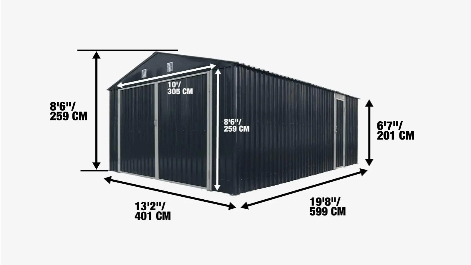 Pro Series 13' x 20' Metal Garage Shed with Double Front Doors and Side Entry Door, 8'6
