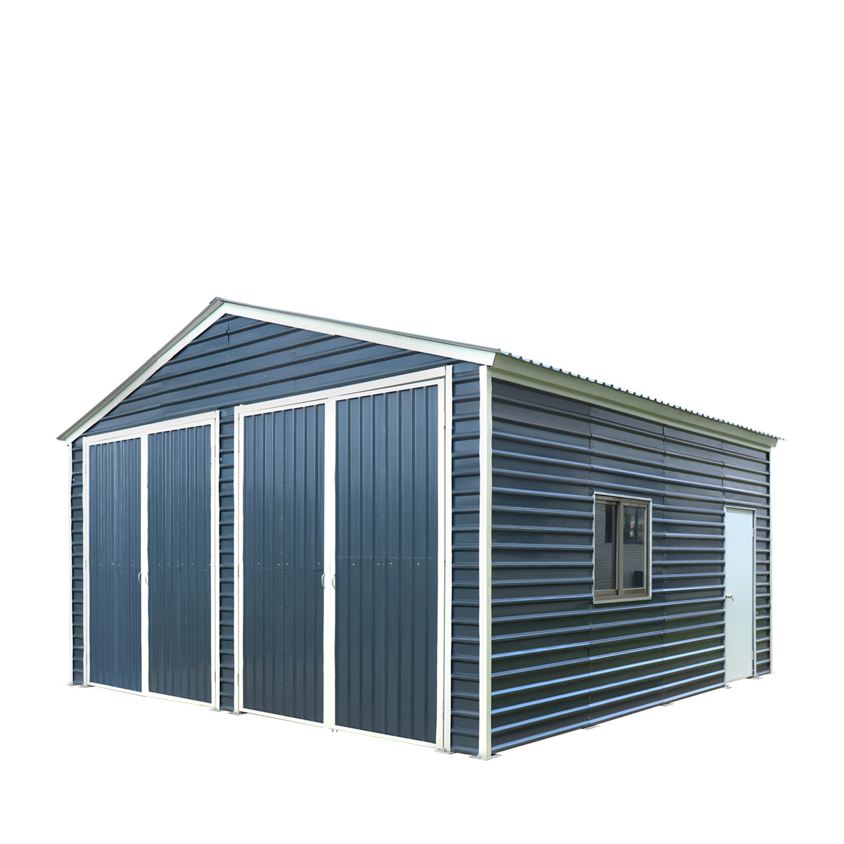 Blue metal garage shed shown front-right angle with closed double doors