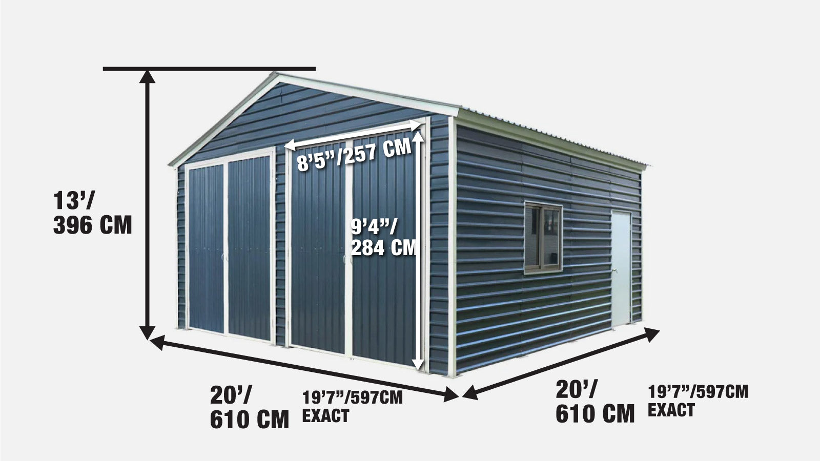 20’ x 20’ Metal Garage Shed, 9' High Double Front Doors, 13' Peak, 400 Sq-Ft TMG-MS2020-specifications-image
