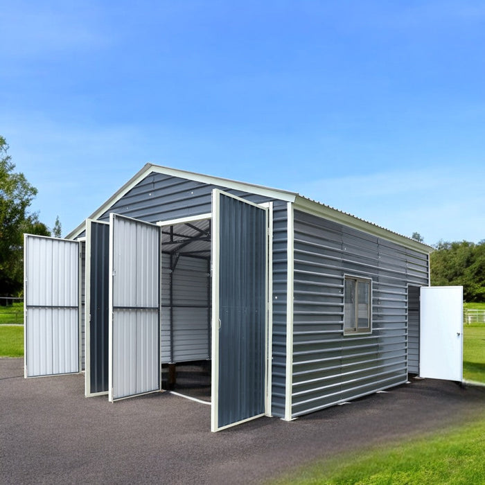 Front three-panel doors open revealing interior, side entry open, metal garage shed