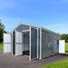 Front three-panel doors open revealing interior, side entry open, metal garage shed