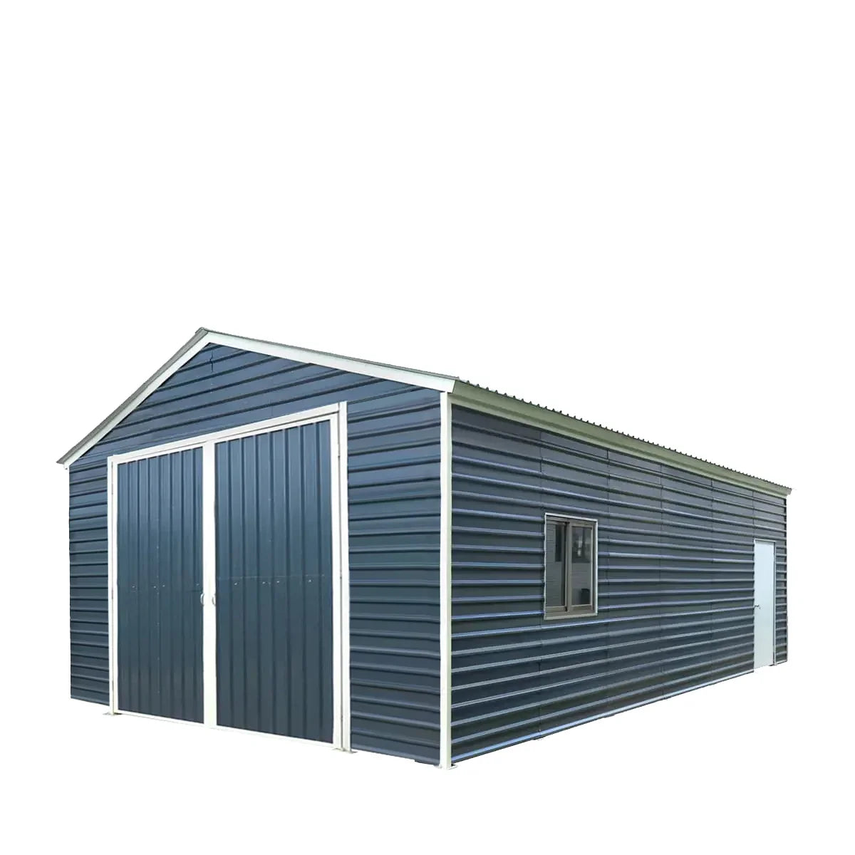 Angled studio view of blue metal garage shed with double front doors.