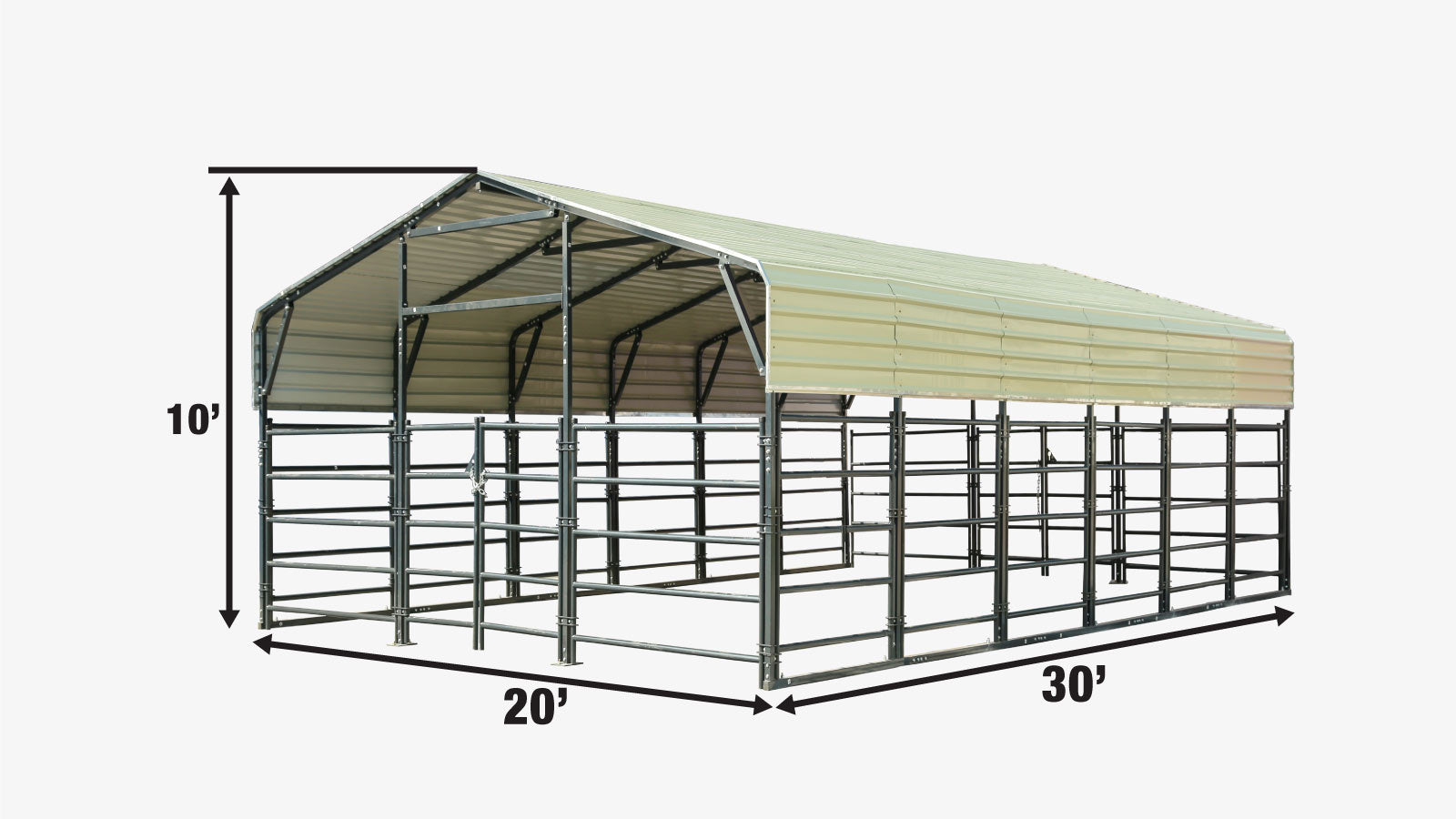 TMG Industrial 20’ x 30’ Livestock Corral Panel Metal Shed, 7’ Sidewall Height, 5’ Corral Panel Height, 600 Sq-Ft, 27 GA Corrugated Panels, TMG-MS2030LC-specifications-image