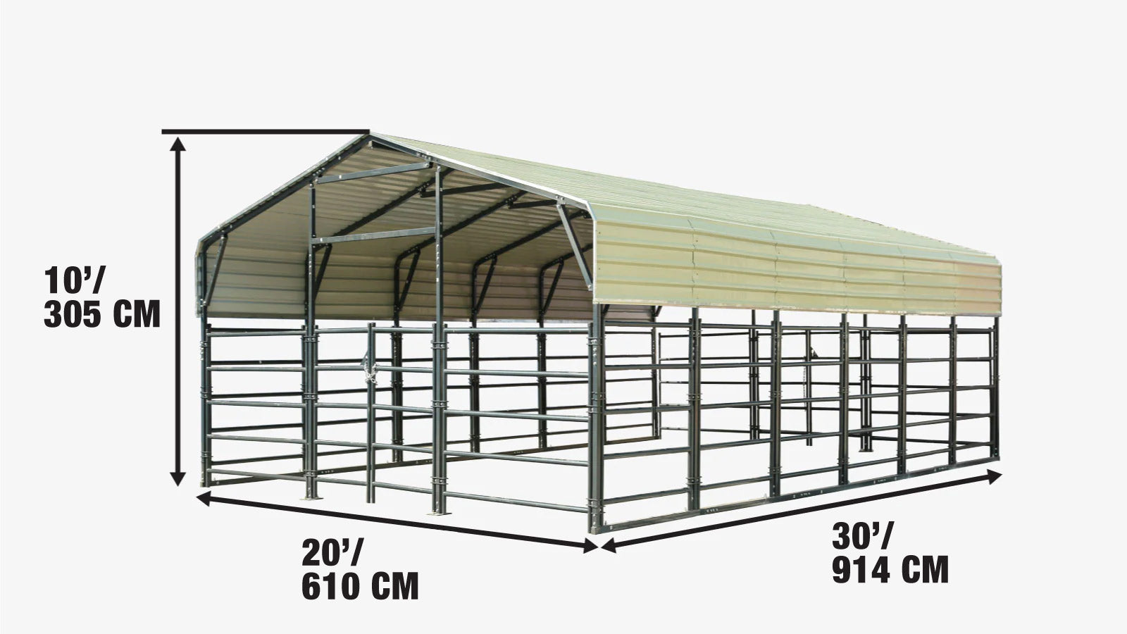 20’ x 30’ Livestock Corral Panel Metal Shed, 7’ Sidewall Height, 5’ Corral Panel Height, 600 Sq-Ft, 27 GA Corrugated Panels, TMG-MS2030LC-specifications-image
