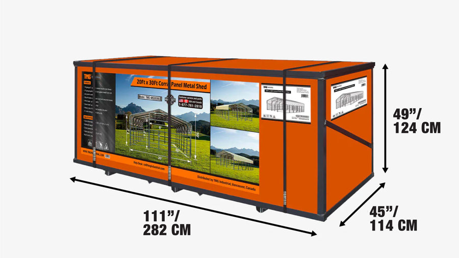 20' x 30' Livestock Corral Panel Metal Shed, 7' Sidewall Height, 5' Corral Panel Height, 600 Sq-Ft, 27 GA Corrugated Panels, TMG-MS2030LC-shipping-info-image