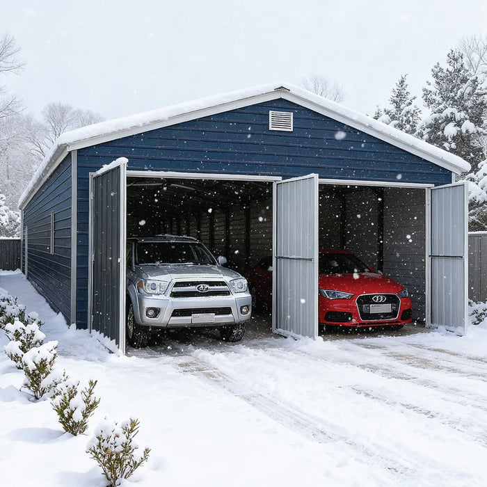 Snow-covered driveway with blue metal garage shed open, two cars inside