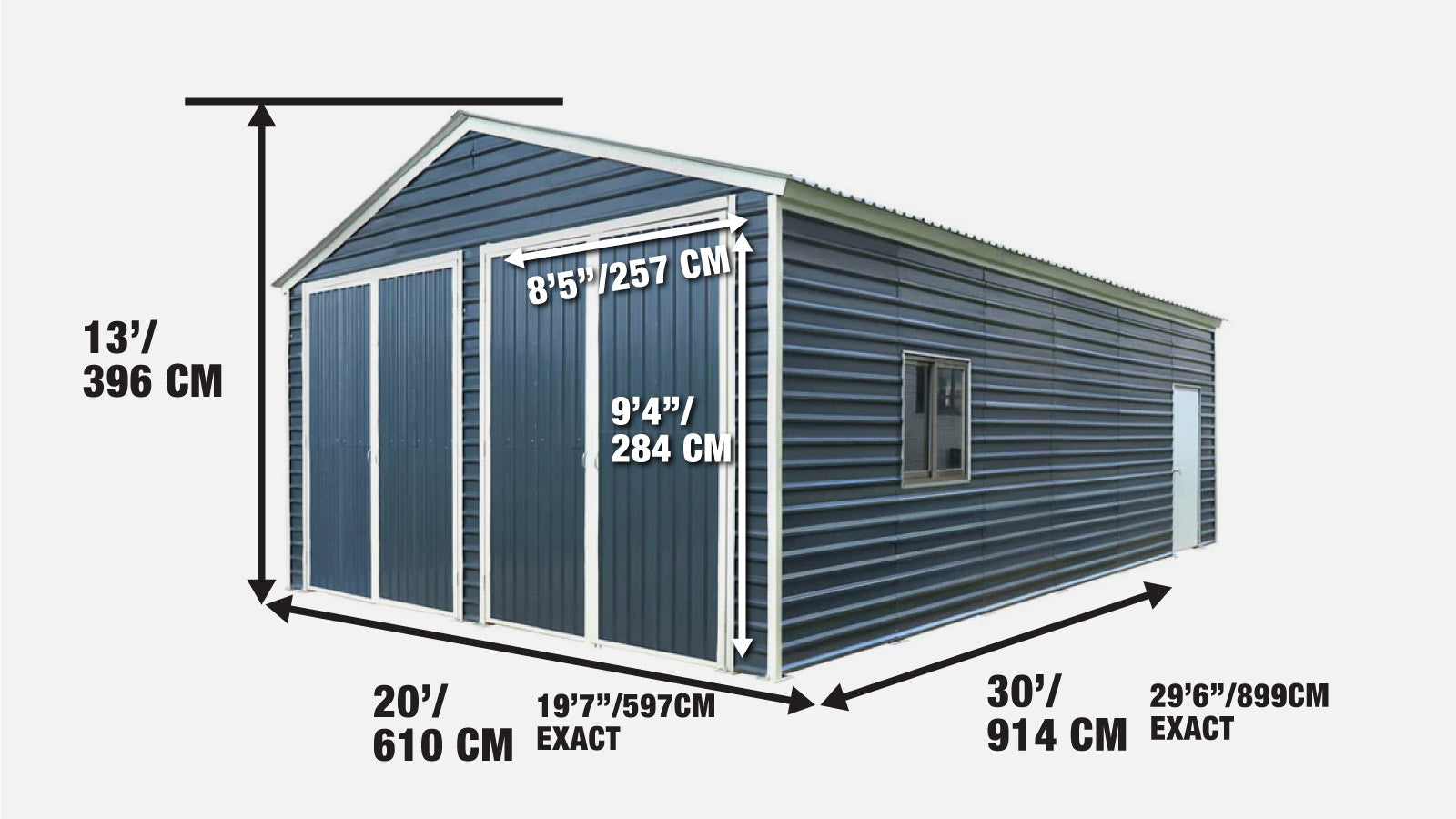 20’ x 30’ Metal Garage Shed, 9' High Double Front Doors, 13’ Peak, 600 Sq-Ft TMG-MS2030-specifications-image