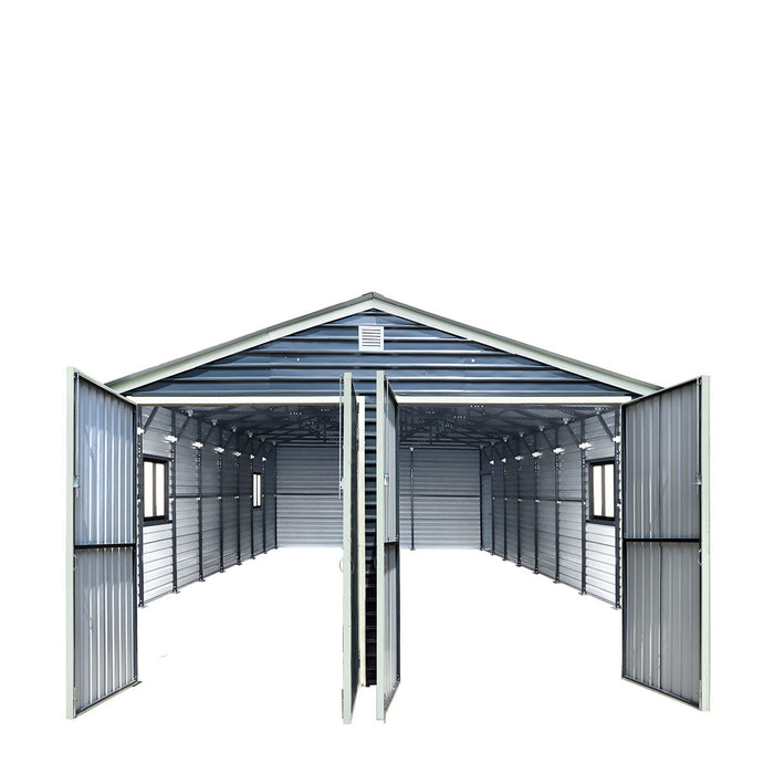 Head-on interior view with open doors revealing empty metal garage shed
