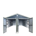 Head-on interior view with open doors revealing empty metal garage shed