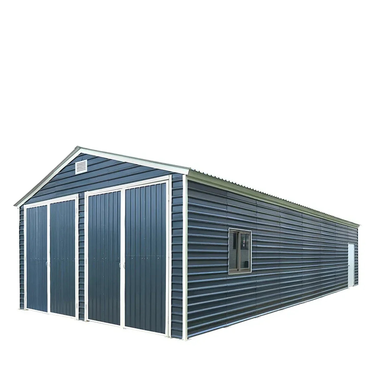 Front-left studio rendering showing blue metal garage shed with closed double doors