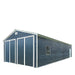 Front-left studio rendering showing blue metal garage shed with closed double doors