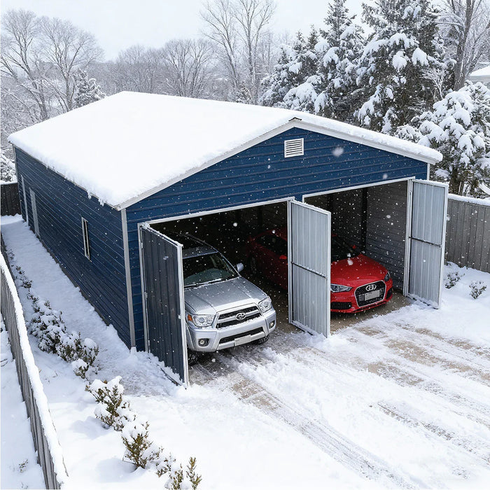 Aerial snowy view showing open bays and parked cars in metal garage shed